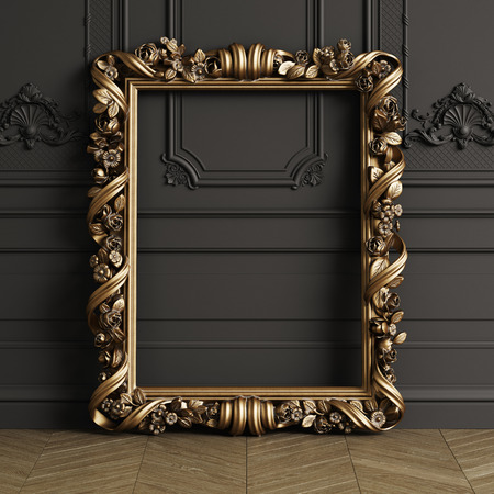 Classic carved gilded mirror frame mockup with copy space. Black walls with ornated mouldings. Floor parquet herringbone.Digital Illustration.3d renderingの写真素材