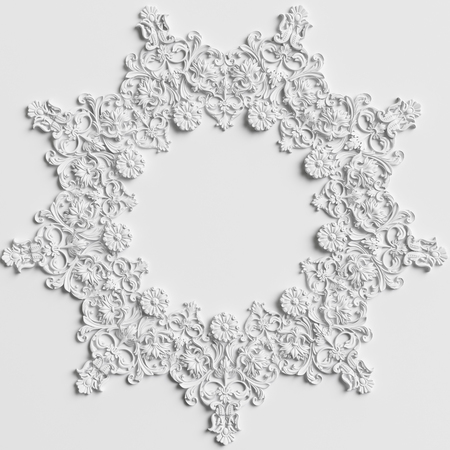 Classic white round frame with ornament decor on the white wall. Digital illustration. 3d renderingの写真素材