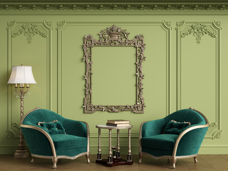 Classic armchairs in classic interior with empty classic frame on the wall with copy space.Walls with mouldings,ornated cornice. Floor parquet herringbone.Green Gamma.Digital Illustration.3d renderingの写真素材