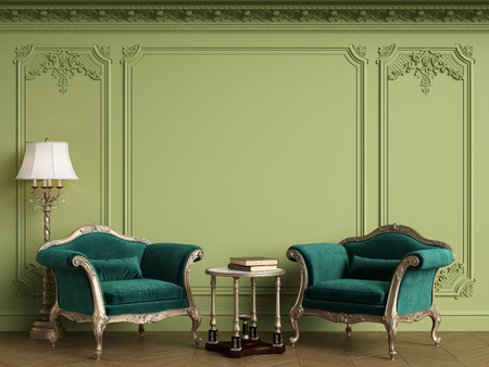 Classic armchairs in classic interior with empty classic frame on the wall with copy space.Walls with mouldings,ornated cornice. Floor parquet herringbone.Green Gamma.Digital Illustration.3d renderingの写真素材