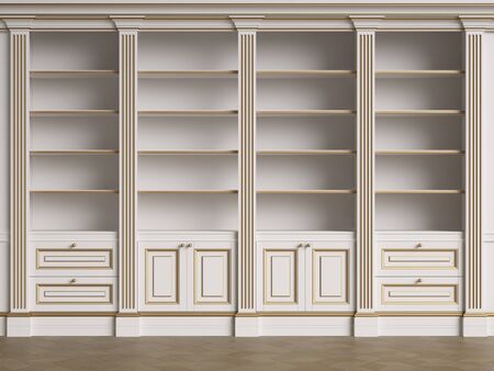 Classic library cabinet with copy space.White and gold.Floor parquet.Digital Illustration.3d renderingの写真素材