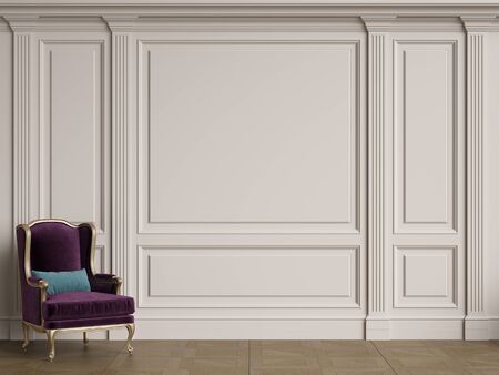 Classic chairs in classic interior with copy space.White walls with ornated mouldings and classic cornice.Classic door.Floor parquet.Digital Illustration.3d renderingの写真素材