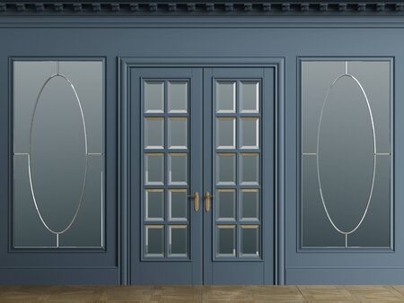Classic interior walls with copy space.Blue walls with mirror in frames. Ornated cornice.Classic...