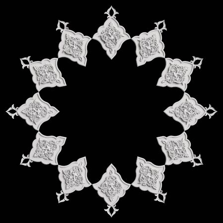 Classic white frame with ornament decor isolated on black background. Digital illustration. 3d renderingの写真素材