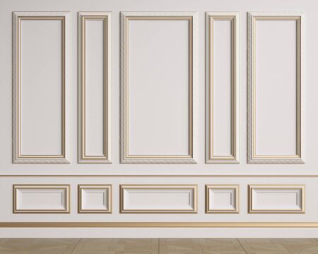 Classic interior wall with mouldings.Floor parquet herringbone.Digital illustration.3d renderingの写真素材