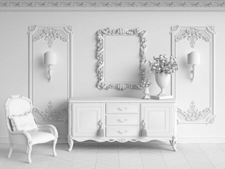Classic interior with copy space in monochrome white gamma.Walls with mouldings and ornated cornice.Digital Illustration.3d renderingの写真素材
