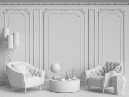 Classic interior with copy space in monochrome white gamma.Walls with mouldings.Digital...