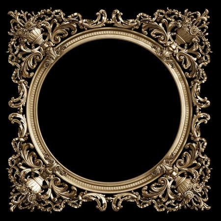 Classic golden frame with ornament decor isolated on black background. Digital illustration. 3d renderingの写真素材