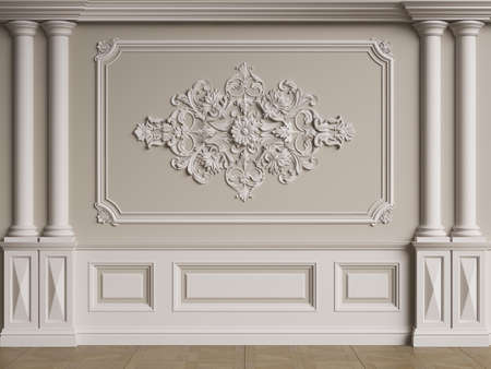 Classic interior wall with moldings.Floor parquet herringbone.Digital illustration.3d renderingの写真素材