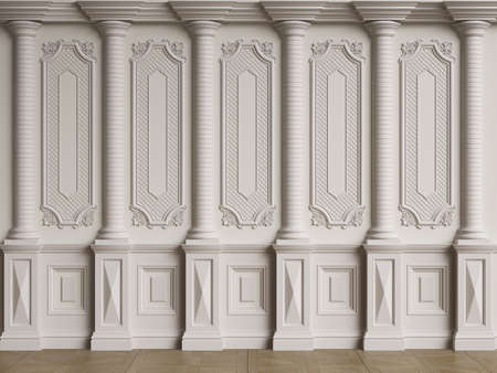 Classic interior wall with moldings.Floor parquet herringbone.Digital illustration.3d rendering