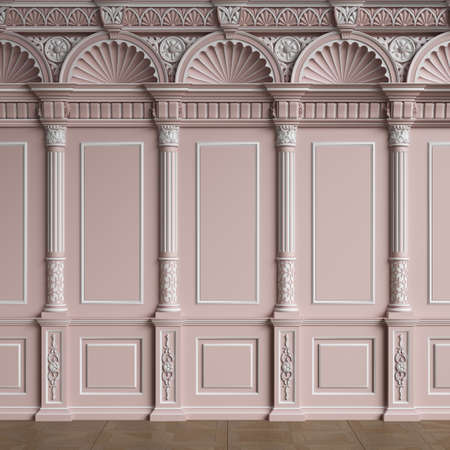 Classic interior wall with moldings.Floor parquet herringbone.Digital illustration.3d renderingの写真素材