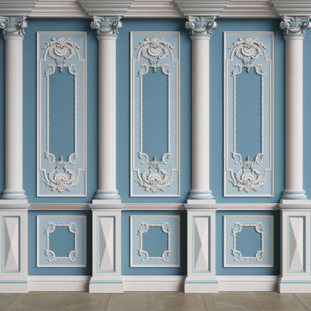 Classic interior wall with moldings.Floor parquet herringbone.Digital illustration.3d renderingの写真素材