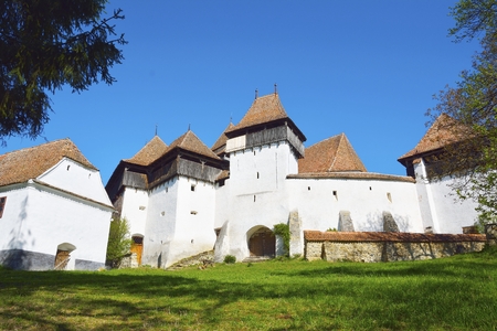 Fortified walls around medieval church listed on UNESCO world heritage in Viscriのeditorial素材