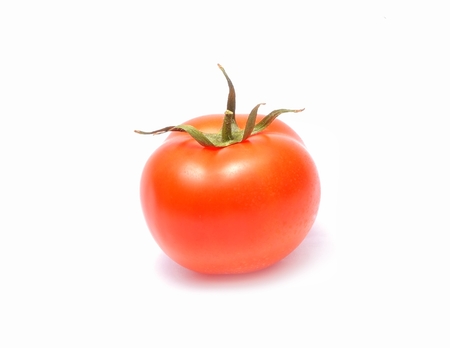 Red tomato with handle isolated on white backgroundの写真素材
