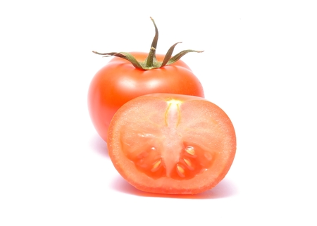 Red tomato with handle isolated on white backgroundの写真素材