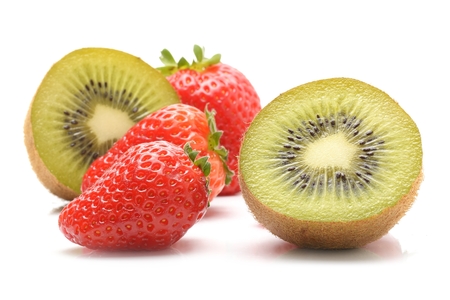 Kiwi Fruit and Strawberries on White Backgroundの写真素材