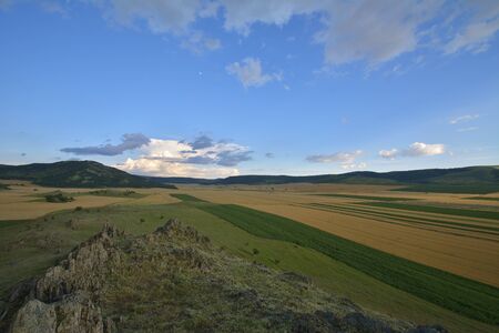 fields in spring and cloudy skyの写真素材