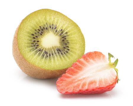 Kiwi Fruit and Strawberries on White Backgroundの写真素材