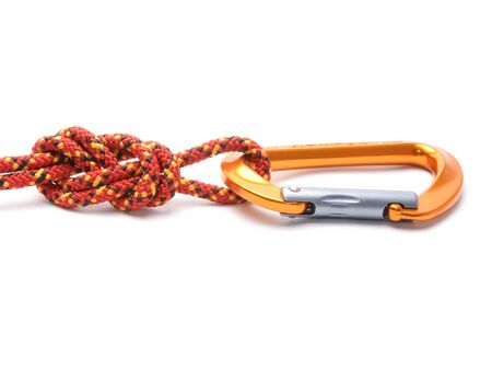 figure eight knot with carabiner isolated on whiteの写真素材