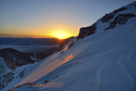 majestic sunset in the winter mountains landscapeの写真素材