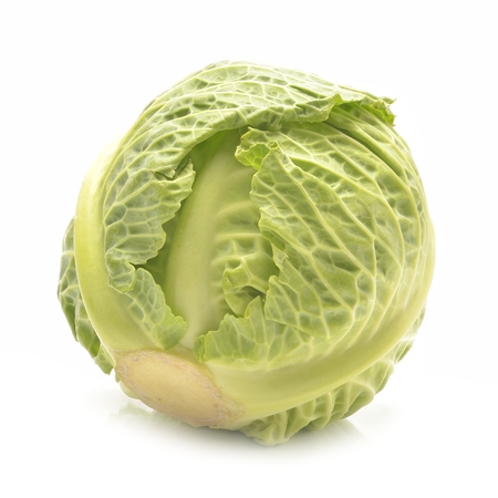 Green cabbage isolated on white backgroundの写真素材