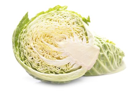 Green cabbage isolated on white backgroundの写真素材
