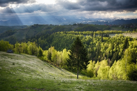 Spring alpine landscape with green fields, Magura village, Transylvania, Romaniaの写真素材