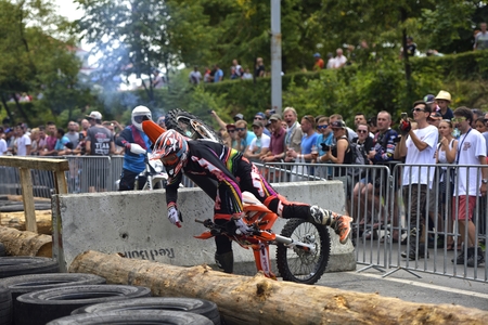 SIBIU, ROMANIA - JULY 25: Unknown competitor in Red Bull ROMANIACS Hard Enduro Rally with a KTM motorcycle. The hardest enduro rally in the world. July 25-29, 2017 in Sibiu, Romania. The prologue stageのeditorial素材