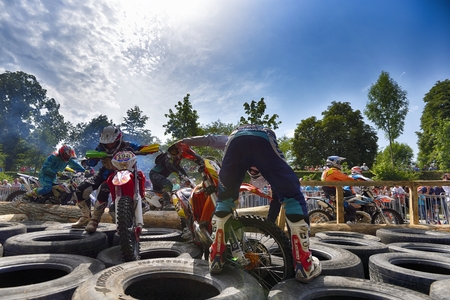 SIBIU, ROMANIA - JULY 25: Unknown competitor in Red Bull ROMANIACS Hard Enduro Rally with a KTM motorcycle. The hardest enduro rally in the world. July 25-29, 2017 in Sibiu, Romania. The prologue stageのeditorial素材