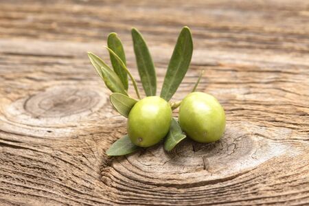 Olive Branch over Wood backgroundの写真素材