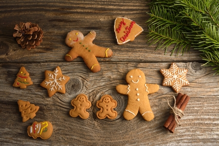 gingerbread cookies on wooden backgroundの写真素材