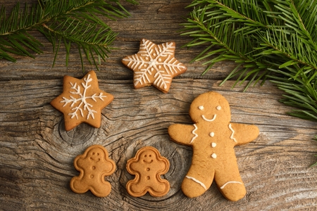 gingerbread cookies on wooden backgroundの写真素材