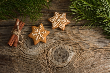gingerbread cookies on wooden backgroundの写真素材