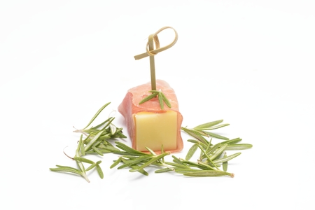 ham and cheese cubes on the whiteの写真素材