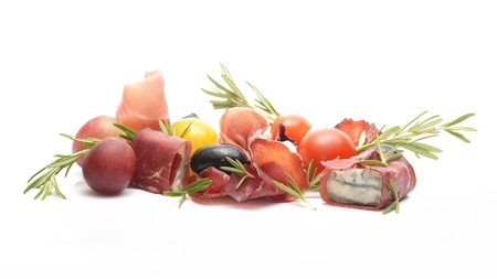 Blue cheese and prosciutto isolated on white backgroundの写真素材