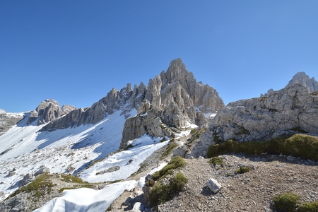Via ferrata Innerkofler De Luca with tunnel entrance in Sexten Dolomites, South Tyrol, Italyの写真素材