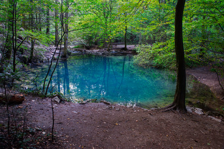 Ochiul Beiului, a small emerald lake on the Nera gorge in Beusnita National Park in Romaniaの写真素材