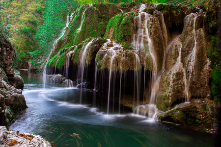 Bigar water fall, Romania, formed by an underground water spring witch spectacular falls into the Minis Riverの写真素材