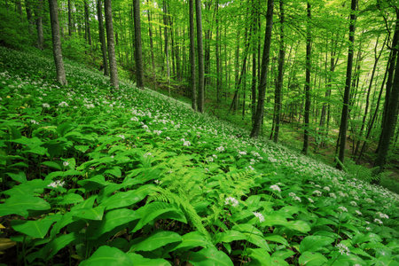 A valley full of wild garlic, Allium ursinum, in spring.の写真素材