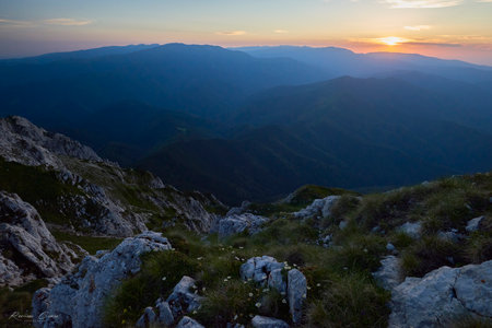 Sunset over mountains. Piatra Craiului mountains, Romaniaの写真素材