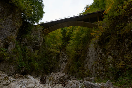 Bridge over the river in the gorge of the river Tara, Montenegroの写真素材
