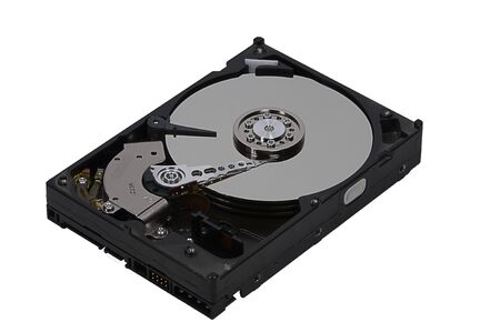 Opened hard disk drive isolated on white background