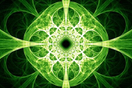 Close-up on round green petal design. Abstract background. Isolated on black background.の写真素材