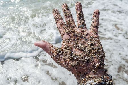 Hand covered with beach sand. Sea and foam in the background.の写真素材