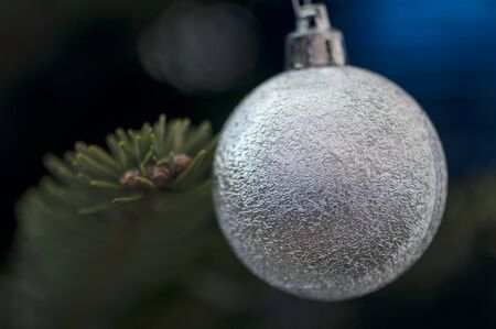 Christmas tree globe ornament. Baubles on fir tree branches.の写真素材