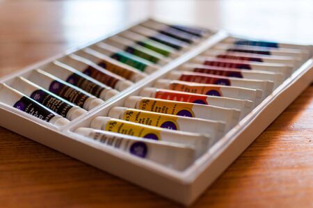 TIMISOARA, ROMANIA - JANUARY 11, 2018: Close-up of Reeves oil colors. 24 artist colours. Paint tubes.のeditorial素材