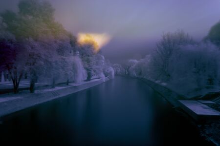 Trees by the river. Night scene. Old photo effect and grain. Long shutter speedの写真素材