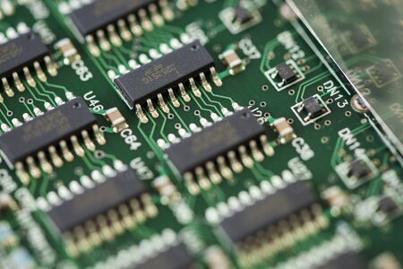 Close-up of a motherboard. Circuit with electronic components