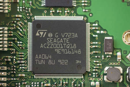 TIMISOARA, ROMANIA - MARCH 30, 2019: Close-up of a Seagate microprocessor. Micro controller.