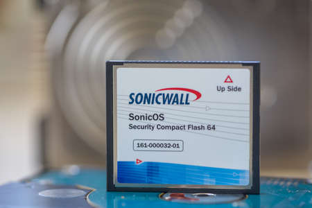 TIMISOARA, ROMANIA - SEPTEMBER 15, 2019: Close-up of a compact flsah card. SONICWALL SonicOS Security Compact Flashのeditorial素材